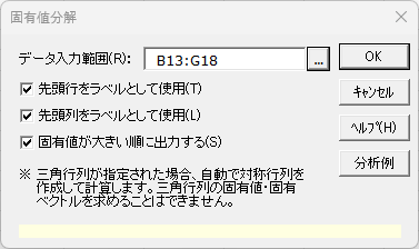 「固有値分解」ダイアログ 「固有値分解」ダイアログ
